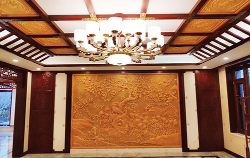 浈江中式别墅客厅中式木作横梁吊顶装饰展示